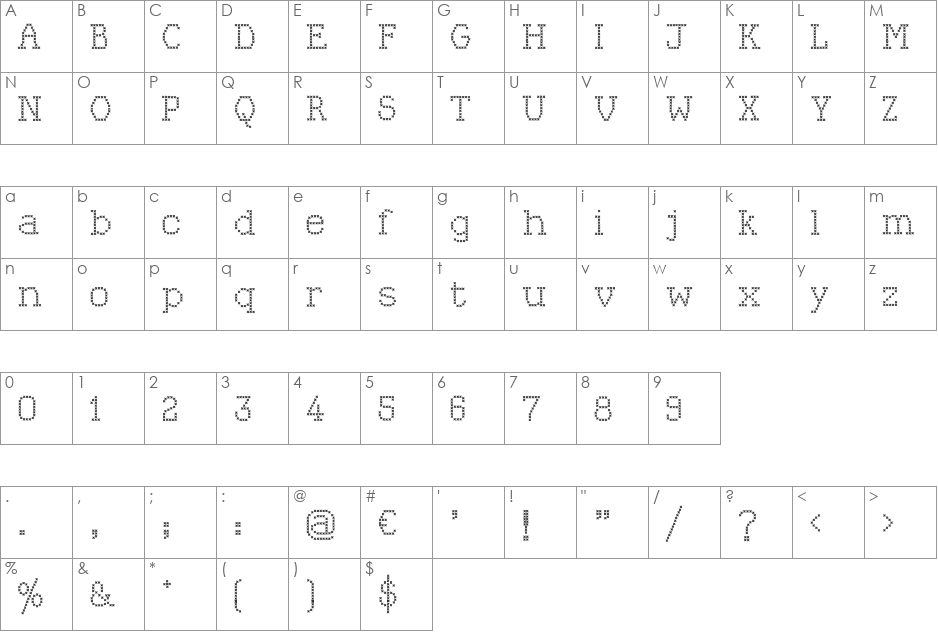 Kingthings Xstitch font character map preview