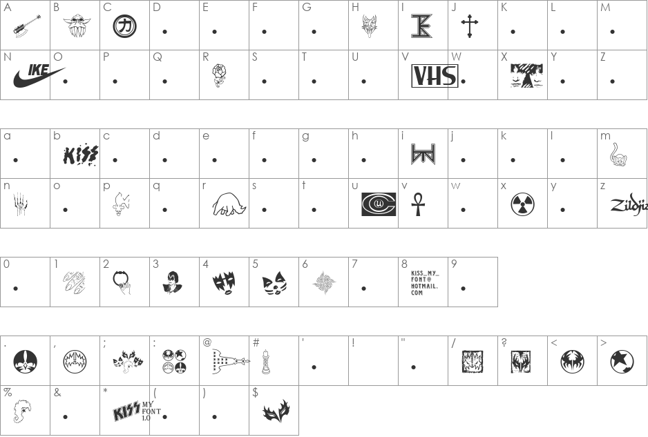 KISS My Font font character map preview
