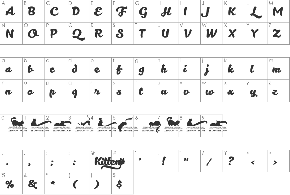 Kitten Swash font character map preview