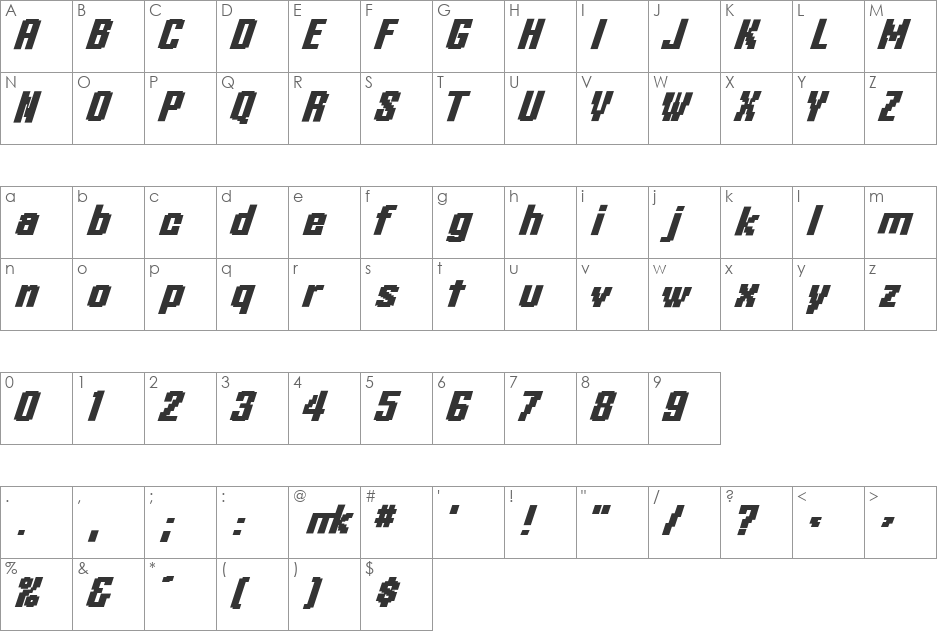 KleinHeadline-BoldOblique font character map preview