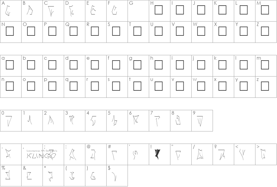 Klingo font character map preview