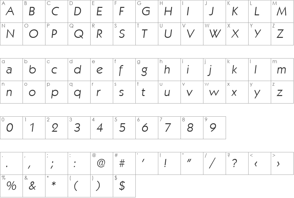 Koblenz-LightIta font character map preview