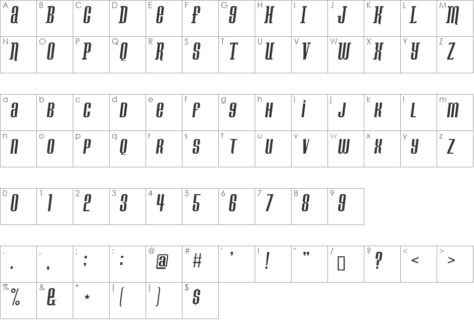 Konspiracy Theory slant font character map preview