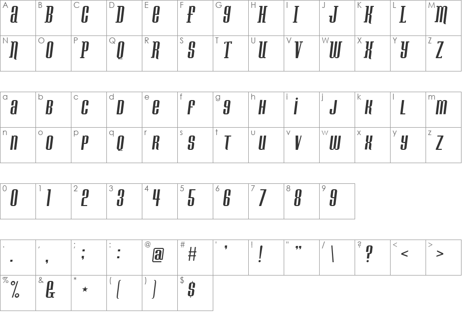 Konspiracy Theory slant font character map preview