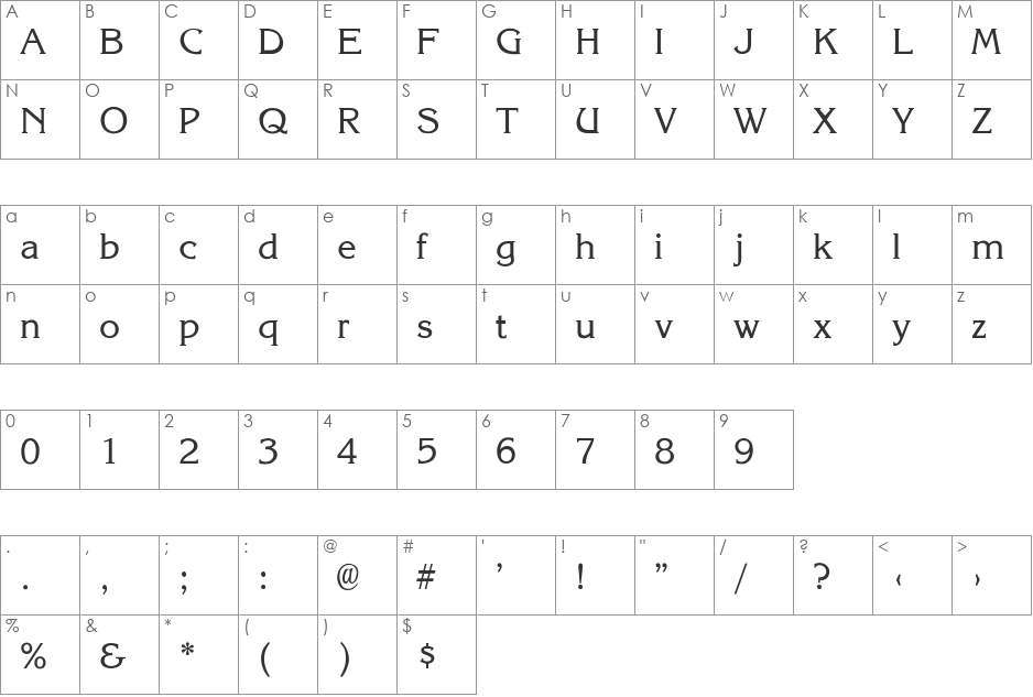 Korina-Light font character map preview