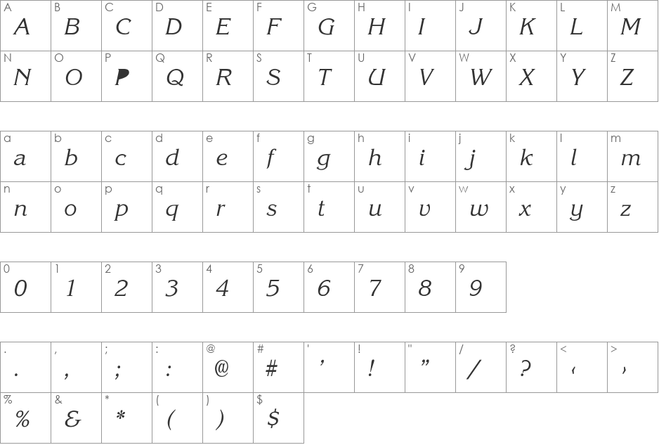 Korina-SemiBold-Ita font character map preview