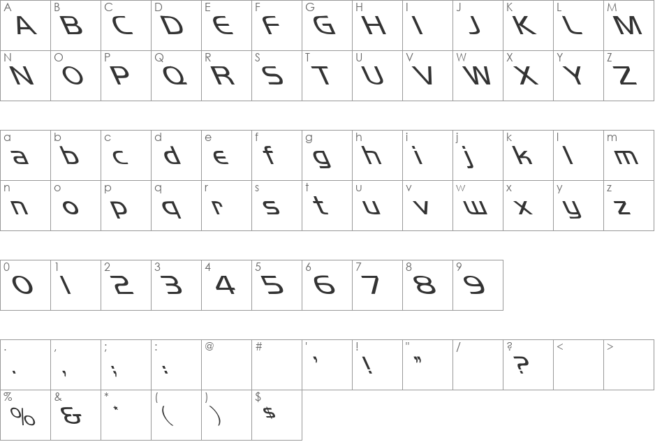 Koshgarian-Light Leftie font character map preview