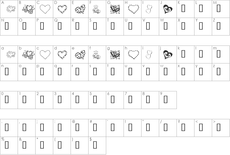 KR All About The Heart font character map preview