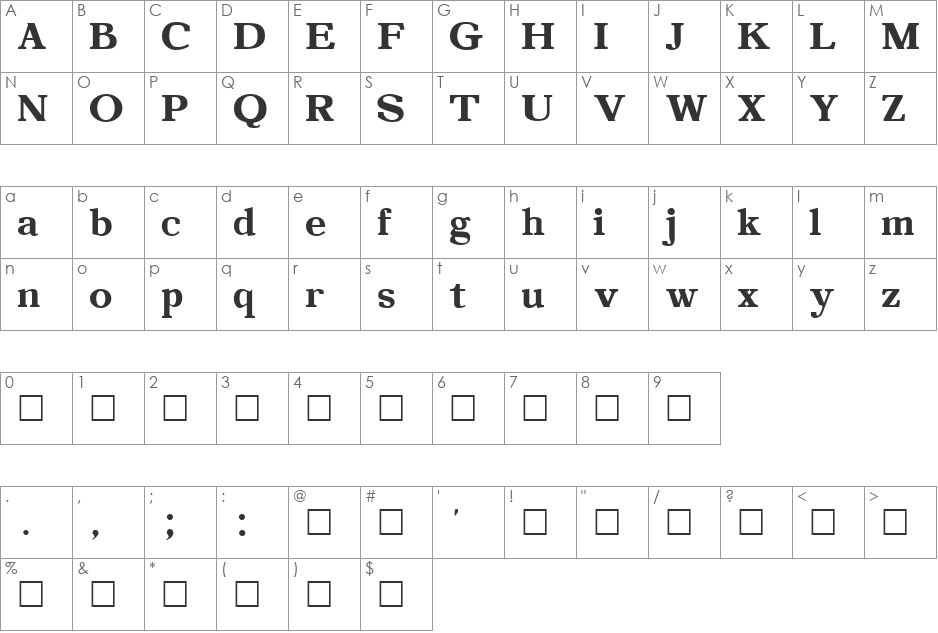 Aster1 font character map preview