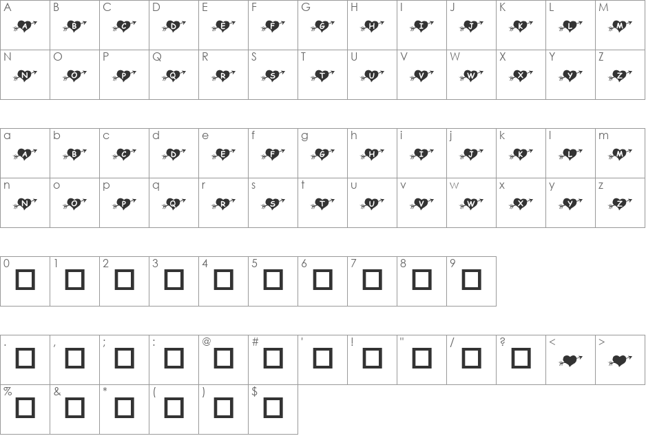 KR Arrow Heart font character map preview