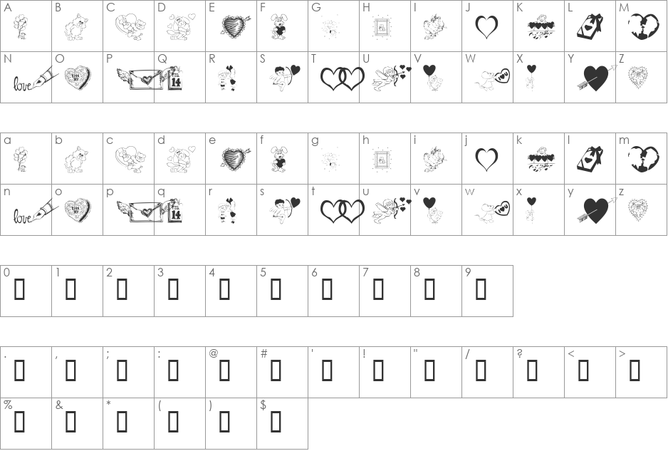 KR Be Mine font character map preview