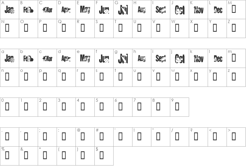 KR Calendar font character map preview
