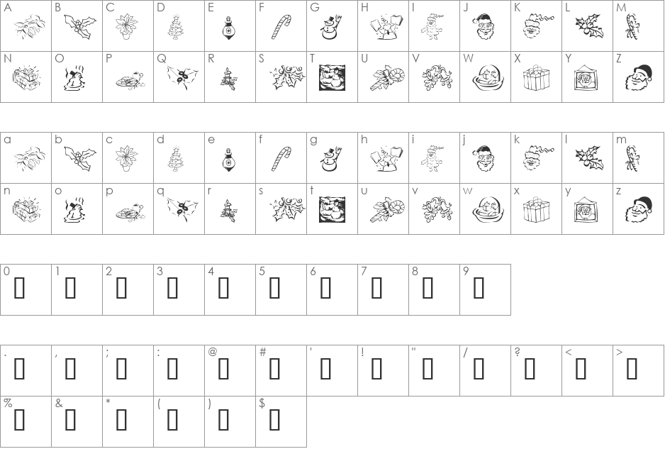 KR Christmas Dings 2004 font character map preview