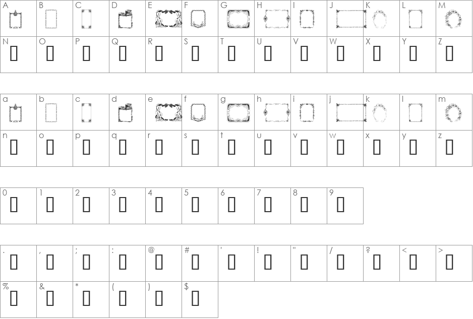 KR Christmas Frames font character map preview