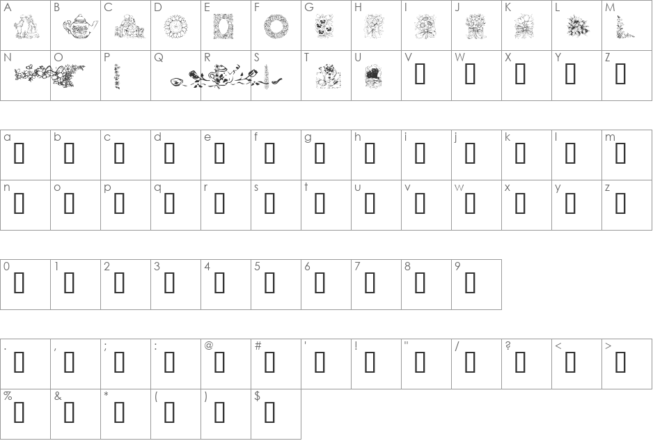 KR Country Flowers font character map preview