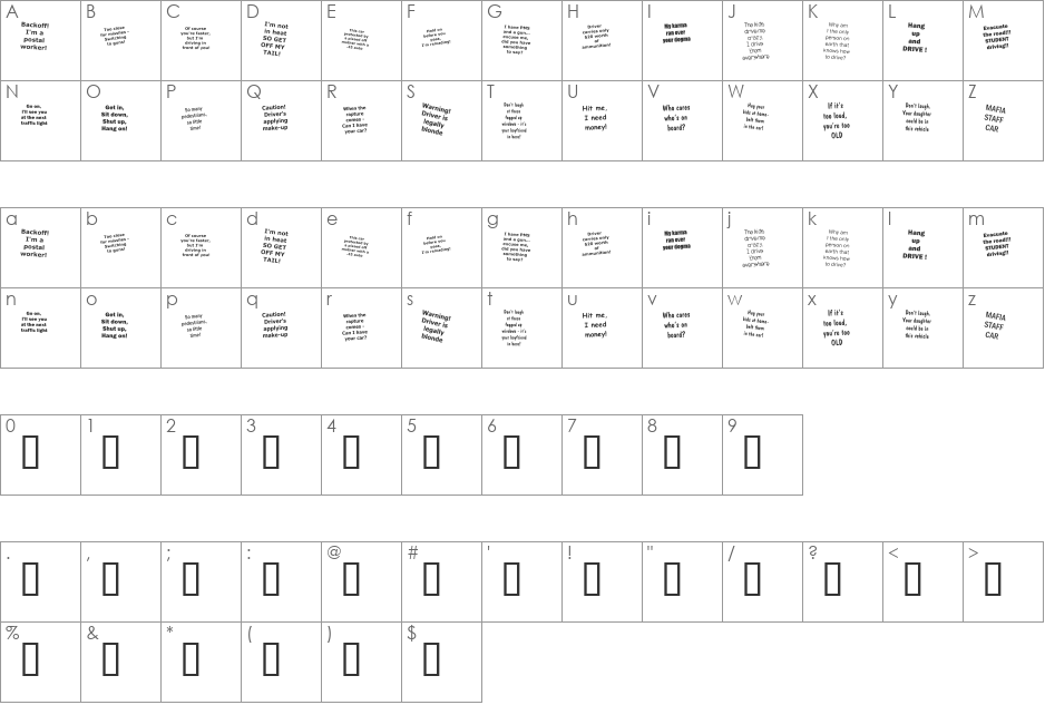 KR Driverz font character map preview