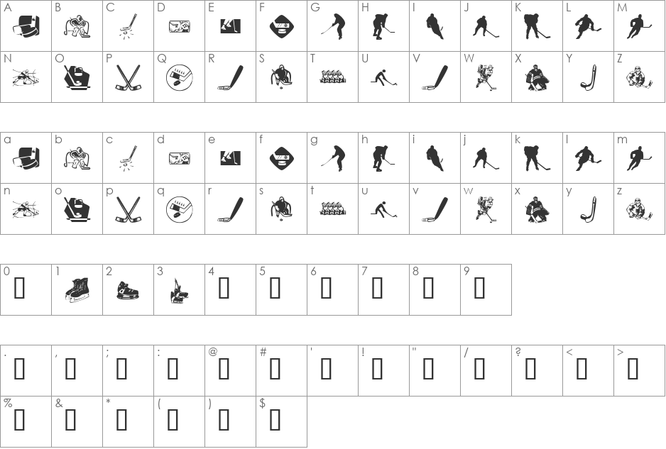 KR Hockey Dings font character map preview