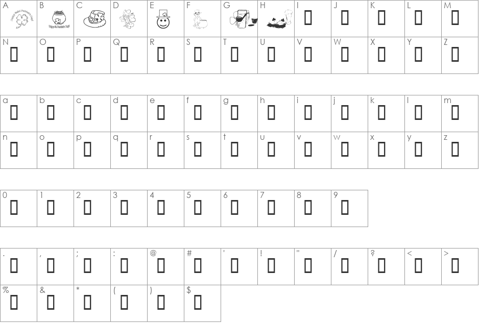 KR Irish Kat 4 font character map preview