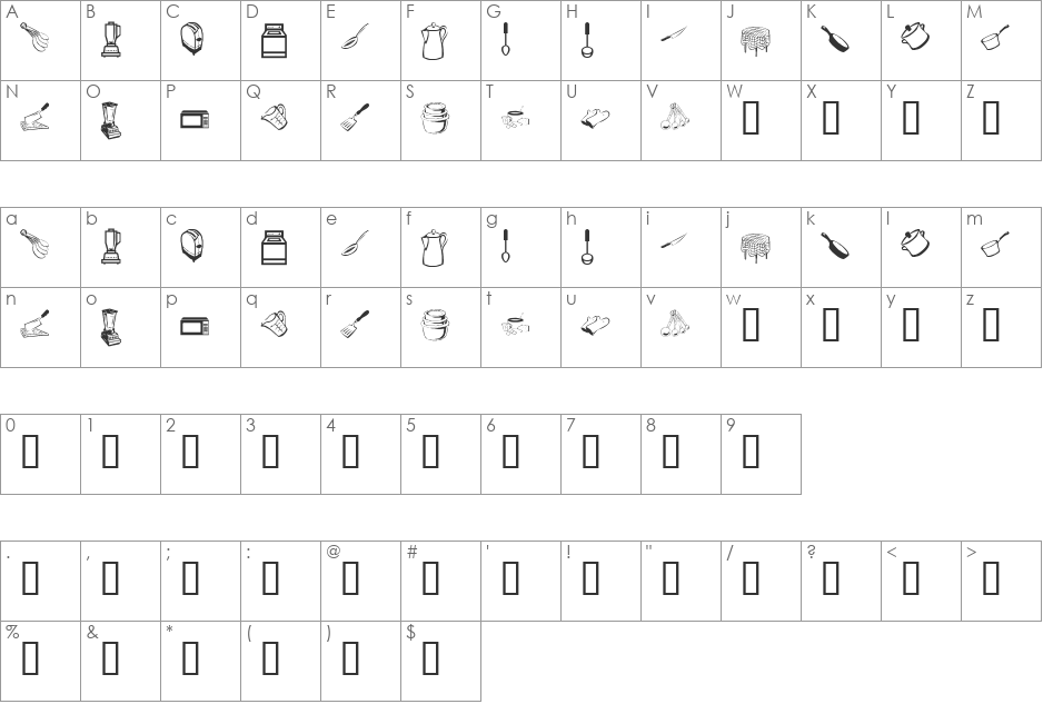 KR Kitchen Dings font character map preview