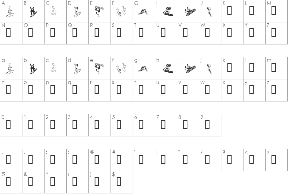 KR Snowboard font character map preview