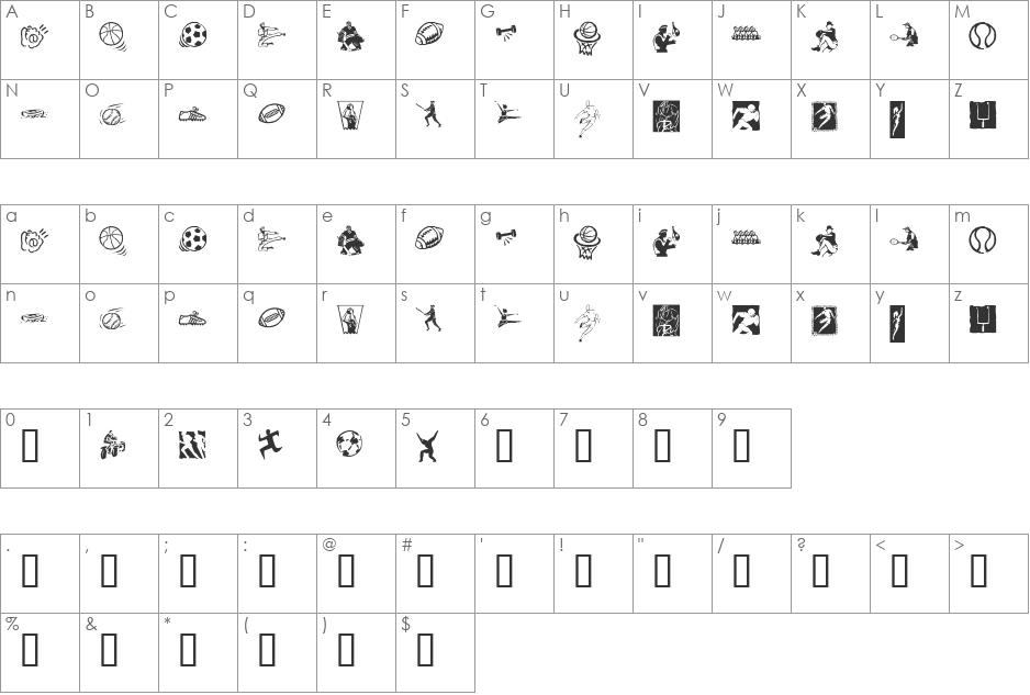 KR Sports Dings font character map preview