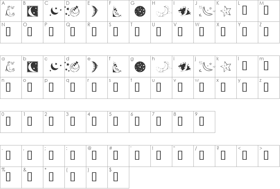 KR Starry Night font character map preview