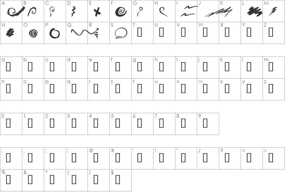 KR Swash Buckler font character map preview
