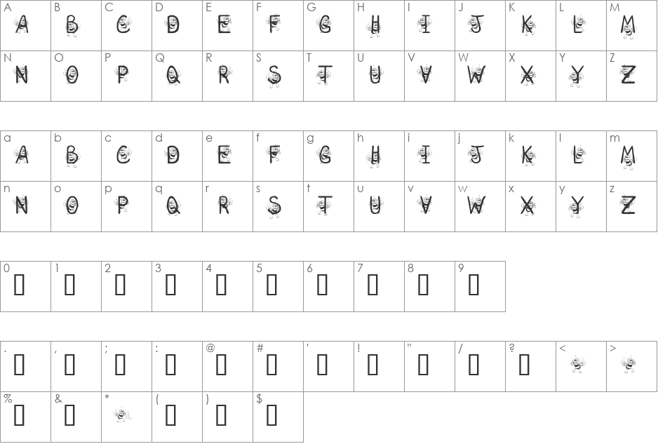 KR That Silly Hunnybee! font character map preview