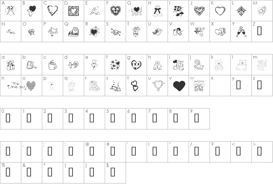 KR Valentine Dings 2002 font character map preview