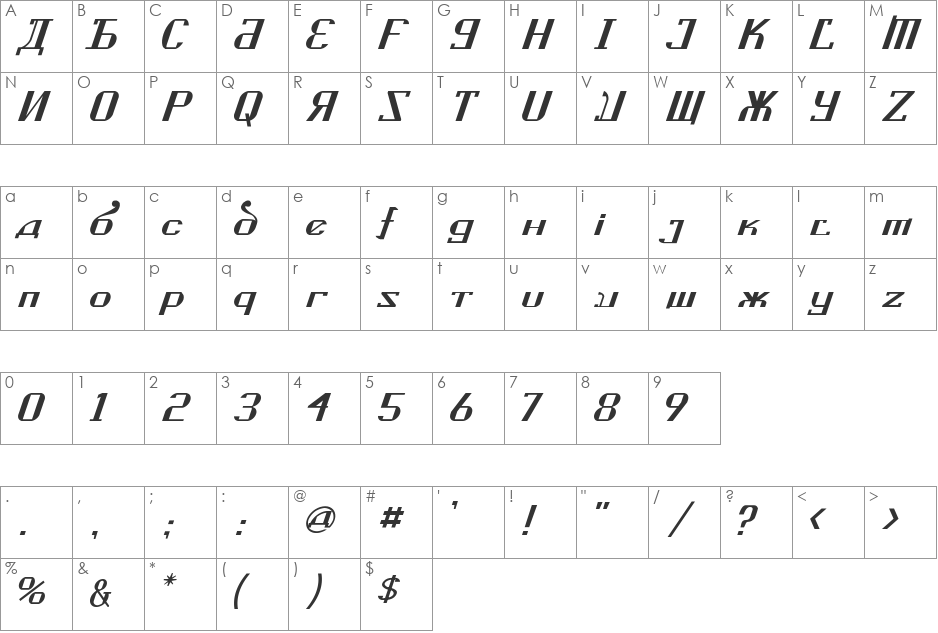 Kremlin Soviet Italic font character map preview