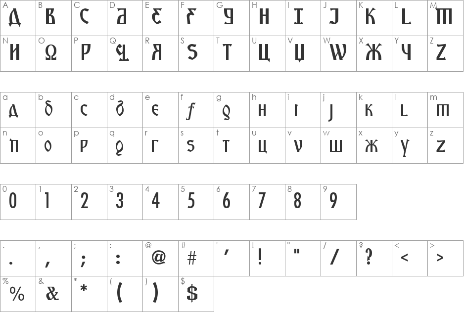 Kremlin Starets font character map preview