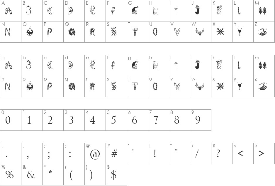 Kringley Christmas font character map preview