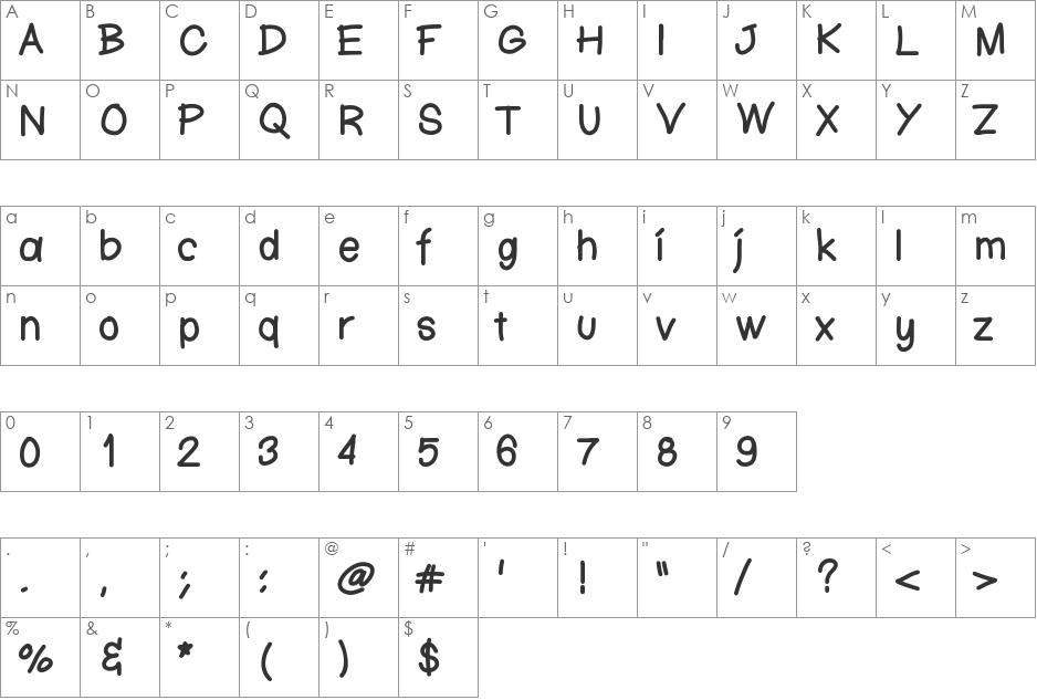 KtnFingerwriting font character map preview