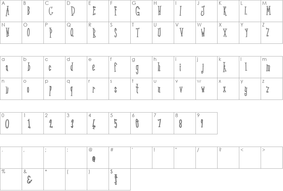 Kunang Kunang outline font character map preview