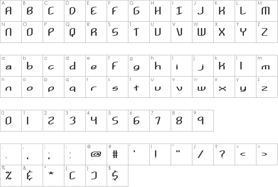 Kurvature BRK font character map preview