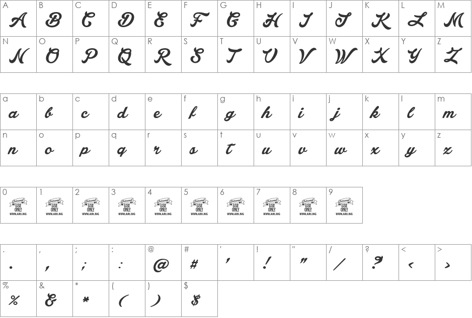 Lakesight Personal Use Only font character map preview
