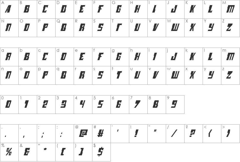 Lamprey Expanded Italic font character map preview