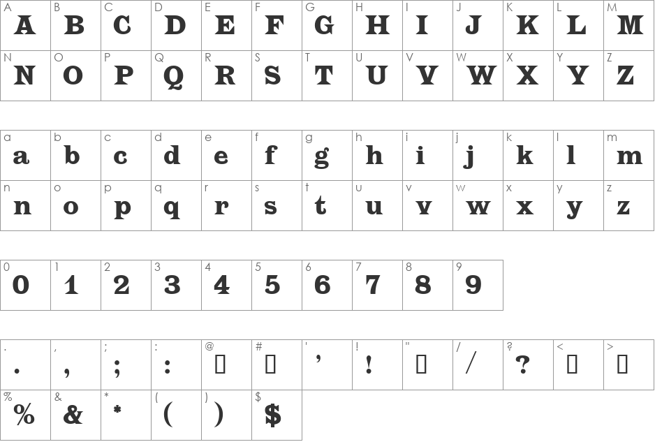 Latiara font character map preview