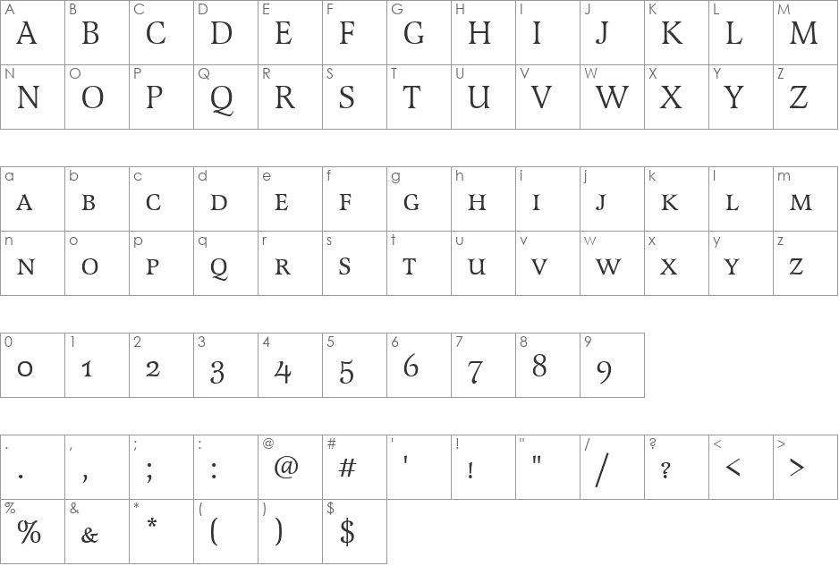 Latienne Becker Caps font character map preview
