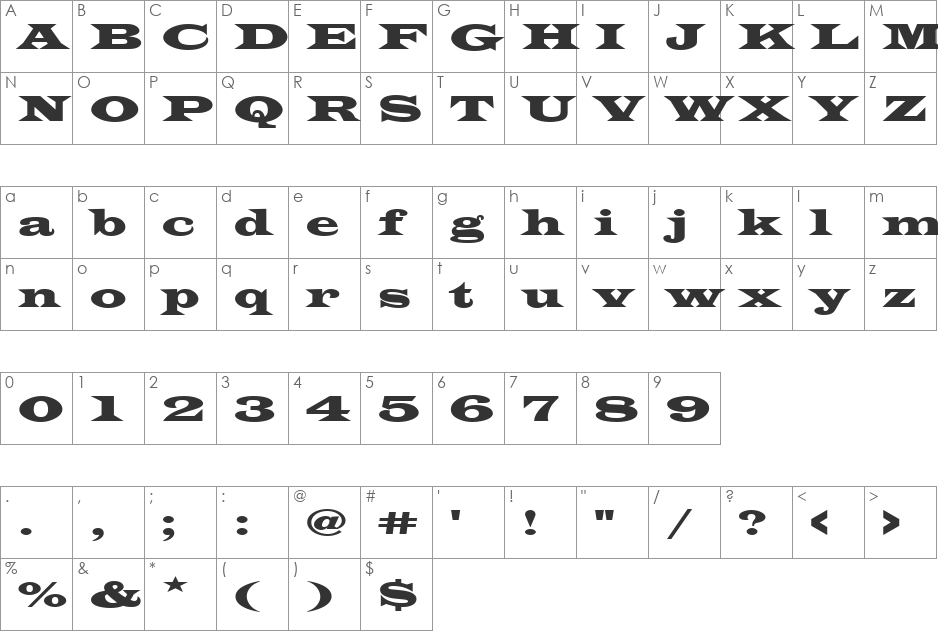 Latin Becker font character map preview