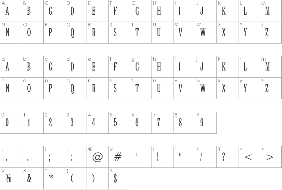 Latin XCn BT font character map preview