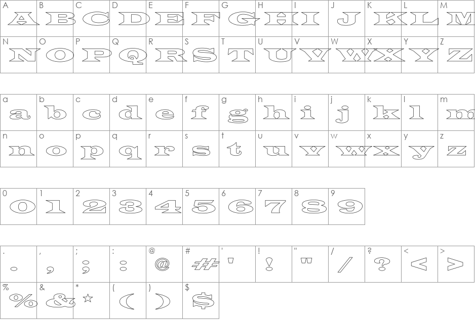 Latin-WideExt-Normal Hollow font character map preview