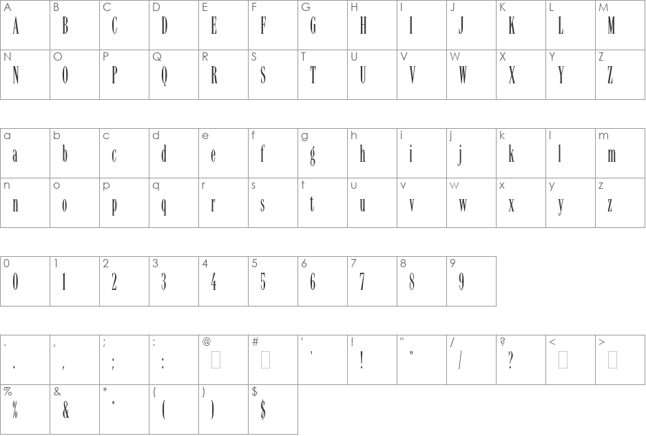 Latino Elongated font character map preview
