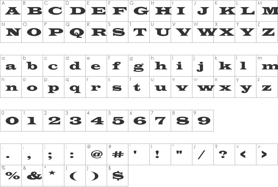 LatinWidD font character map preview