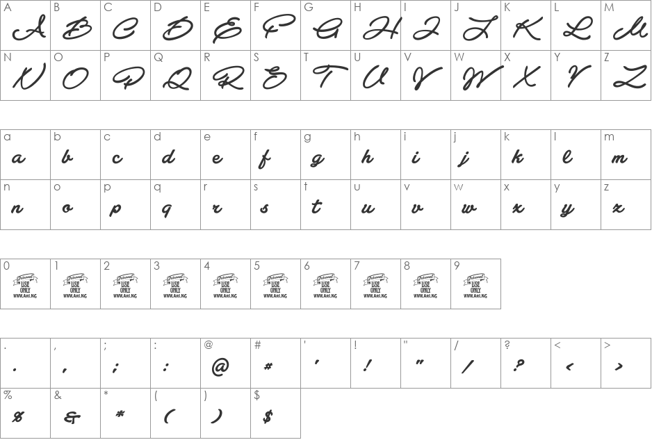 Atelas Personal Use Only font character map preview