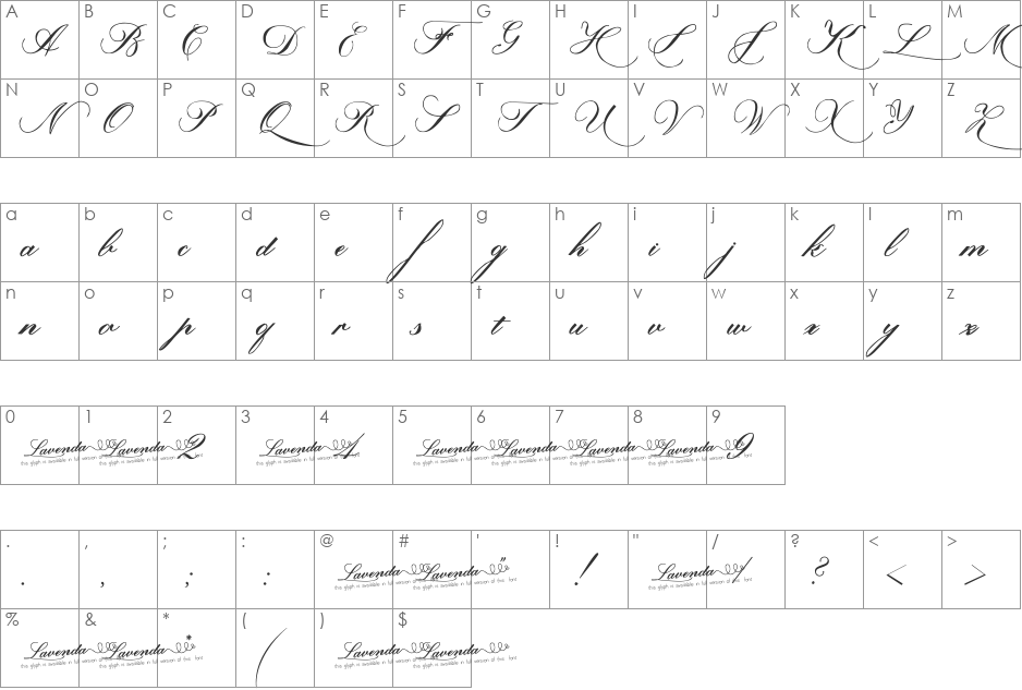 Lavenda Demo-FreeForPersonalUse font character map preview