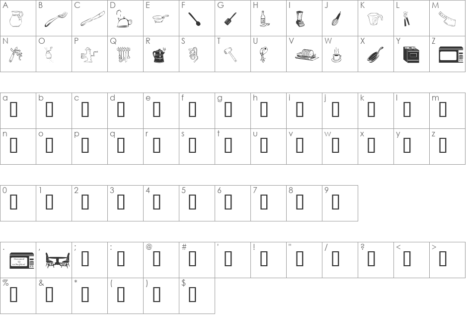 LCR Kitchen Dings font character map preview