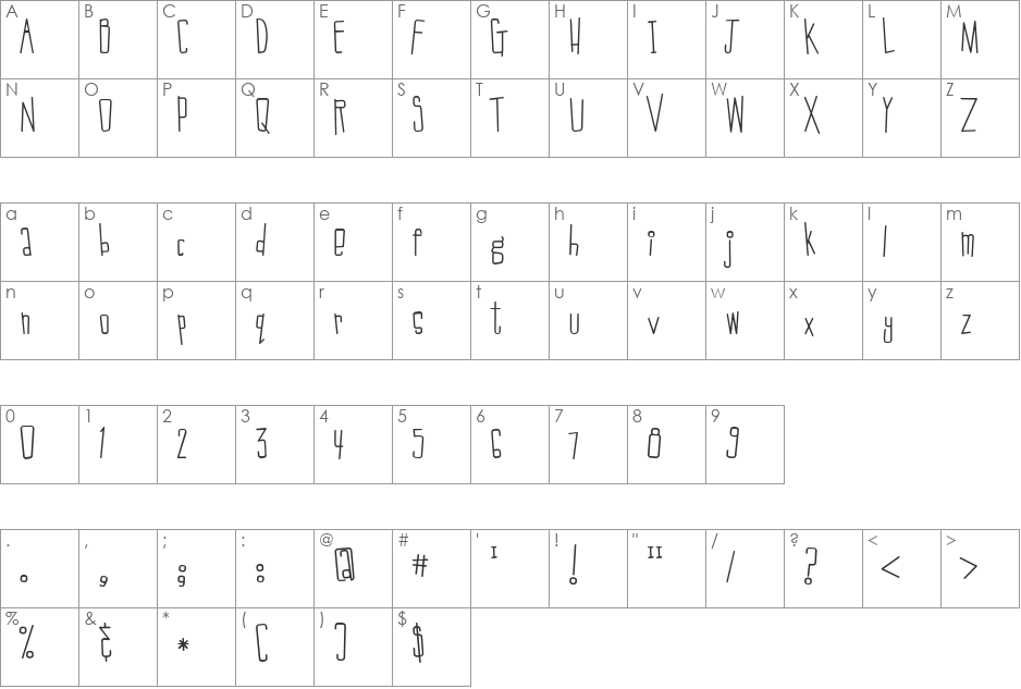 LDJ Jilly Nilly font character map preview