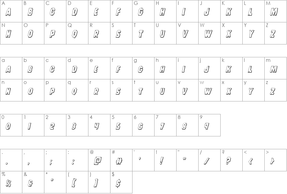 Leatherface 3D Italic font character map preview
