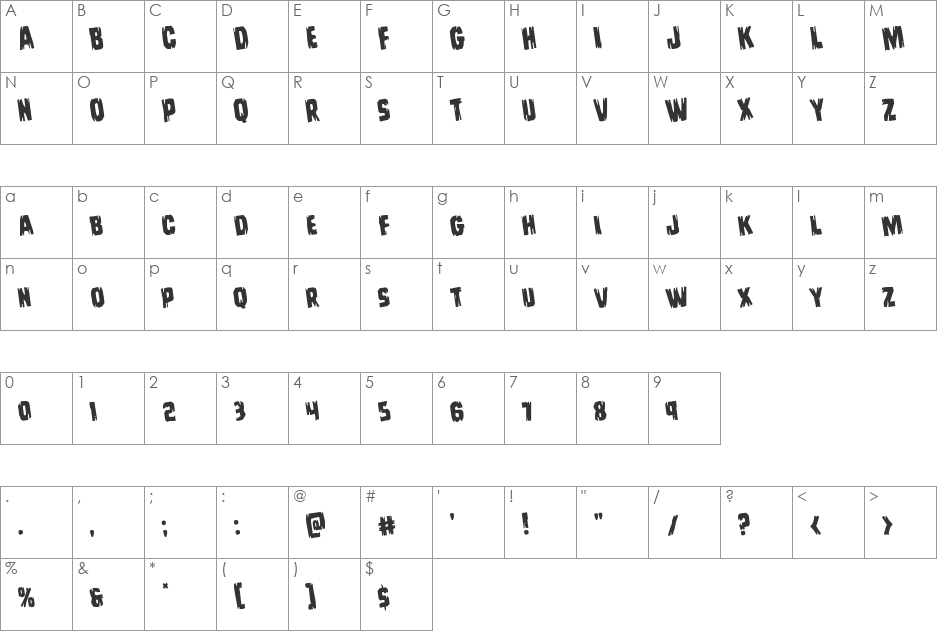 Leatherface Rotated font character map preview